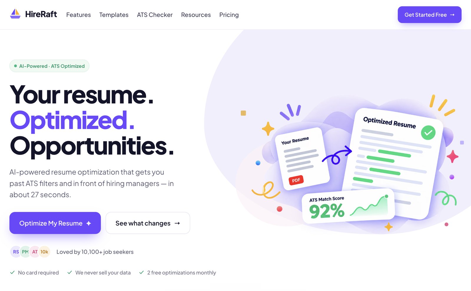 HireRaft homepage: “Your resume. Optimized. Opportunities.” with a 92% ATS match score